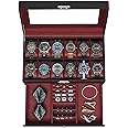 SONGMICS 12-Slot Watch Box, Lockable Watch Case with Glass Lid, 2 Layers, with 1 Drawer for Rings, Bracelets, Gift Idea, Black Synthetic Leather, Wine Red Lining UJWB012R01