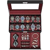 SONGMICS Watch Box, 12-Slot Watch Case Organizer with Large Glass Lid, 2 Layers, Removable Pillows, Metal Lock, Gift for Loved Ones, Black Synthetic Leather, Wine Red Lining UJWB012R01