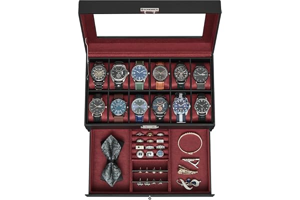 SONGMICS Watch Box, 12-Slot Watch Case Organizer with Large Glass Lid, Black Synthetic Leather, Wine Red Lining UJWB012R01
