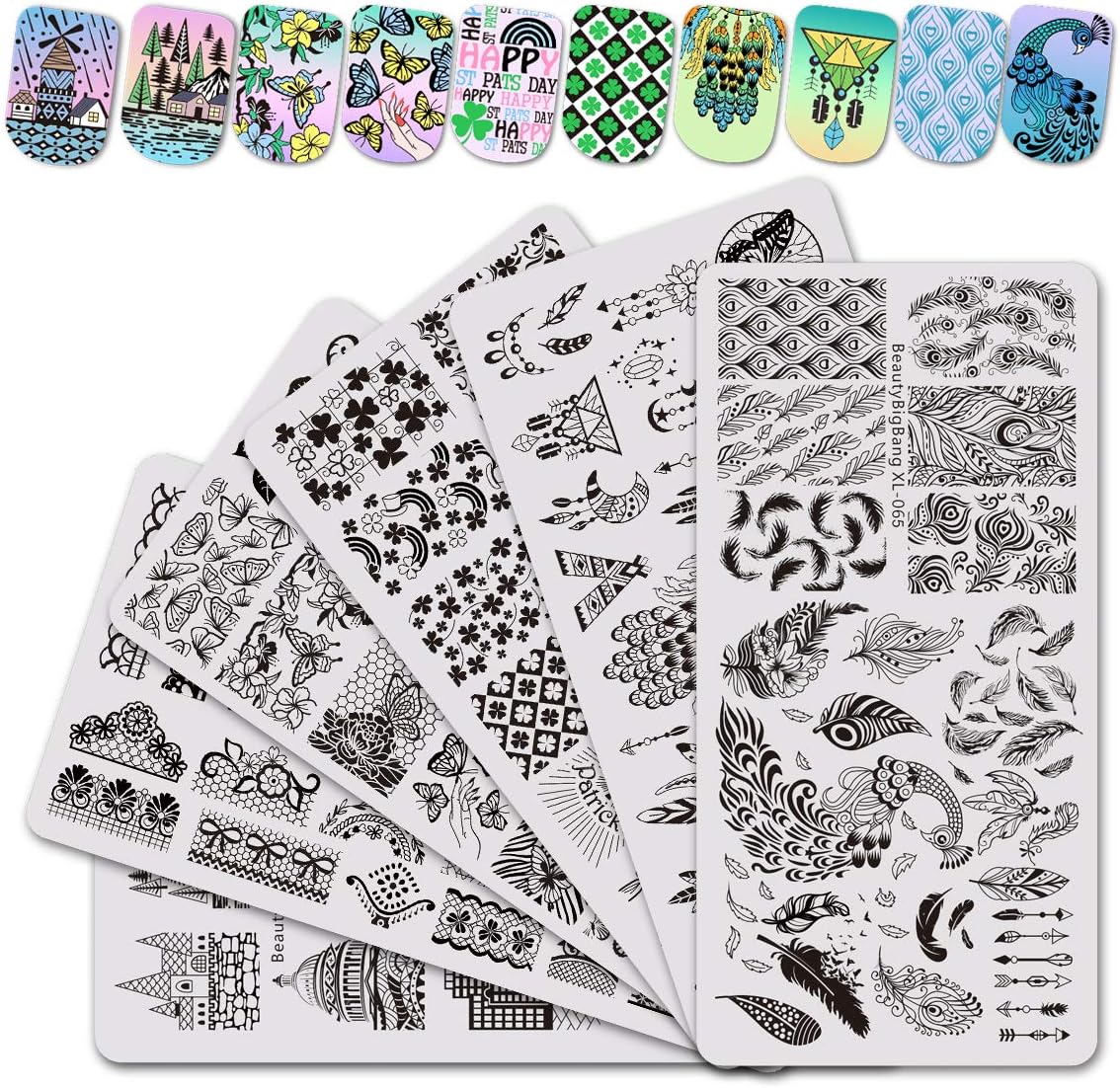 BEAUTYBIGBANG 6 PCS Nail Art Stamping Plates Set Image Template Stencils Manicure XL-65-70 Floral Lace Flower Feather Dreamcatcher