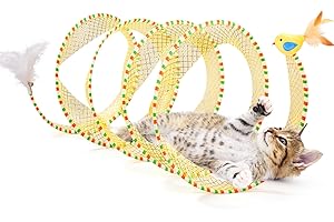 Potaroma Spiral Tunnel Cat Toy, Self Play Cat Play Spiral Kitten Collapsible Spring Tunnel Toy for Indoor Cats with Feather and Bell, 20 Inches Unfolded