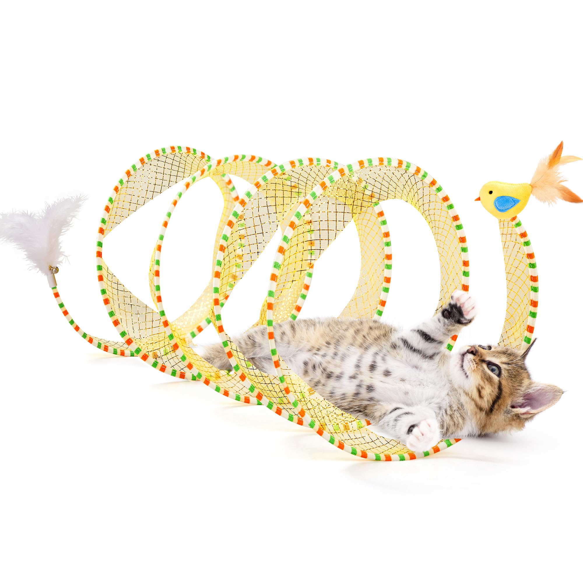 Photo 1 of Potaroma Spiral Tunnel Cat Toy, Self Play Cat Play Spiral Kitten Collapsible Spring Tunnel Toy for Indoor Cats with Feather and Bell, 20 Inches Unfolded