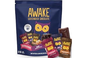 AWAKE CAFFEINATED CHOCOLATE AWAKE - Caffeinated Chocolate Bites - Dark Chocolate Variety Pack (3 Flavors), 50 Bites - Dark, Salted Almond, & Salted Caramel - 50mg Caffeine - Coffee Alternative - Fairtrade, Gluten Free - 0.48oz