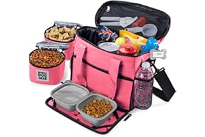 Mobile Dog Gear, Week Away Dog Travel Bag for Small Dogs, Includes Lined Food Carriers and 2 Collapsible Dog Bowl, Pink