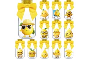 Ethisa Small 12 Pack Lemon Party Favors - DIY Candy Jars with Ribbons and Stickers - Party Decoration Bottles for Wedding, Birthday, Classroom, and Baby Shower - Lemon Table Centerpiece for Kids