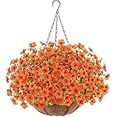 Artificial Flowers Hanging Plants in Basket, Artificial Hanging Flowers for Spring Outdoor Indoor Decor, UV Resistant Hanging Baskets with Fake Flowers for Spring Summer Patio Garden Porch Decor