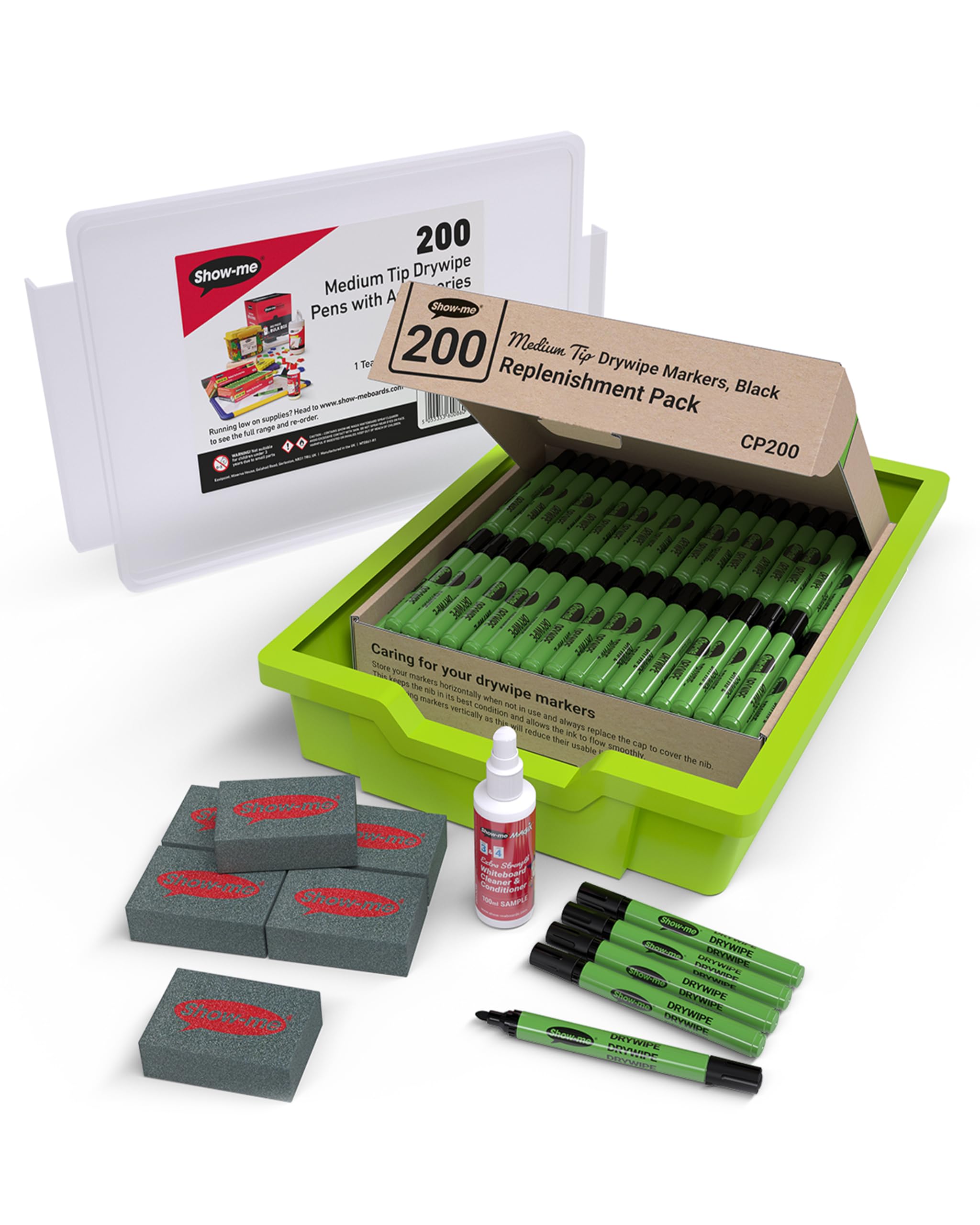 SHOW-ME - Whiteboard Markers | Drywipe, Erasable Black Medium Tip 2mm Line | Classroom Board Writing Pens with 3-Day Cap-off, Box of 200 in Gratnells Tray