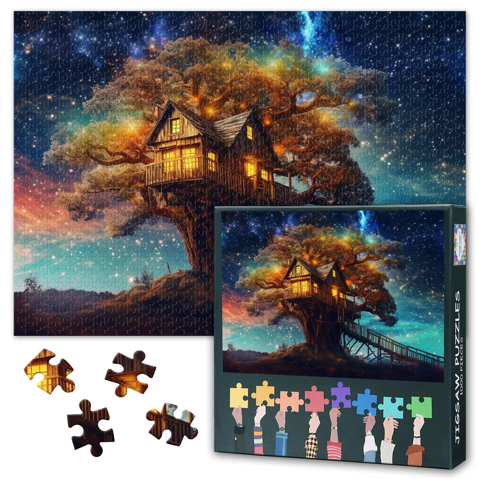 Photo 1 of 1000 Pieces Puzzles for Adults Tree House Jigsaw Puzzles for Adults House Wall Decor Tree House with Beautiful View of The Sky Night Intelligence Puzzle as Gifts for Family Friends 27.5"X19.7"