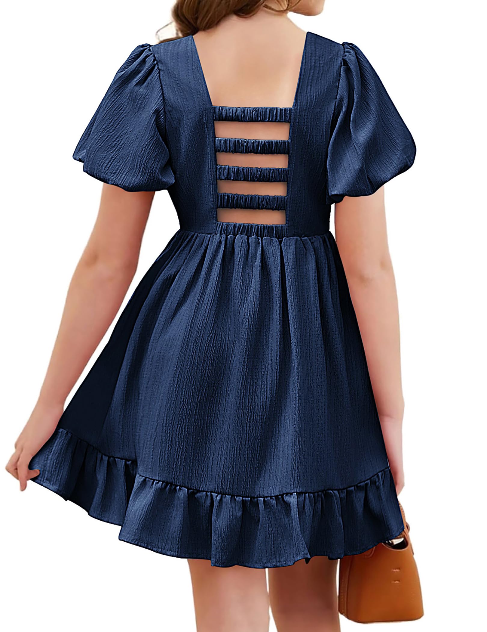 Photo 1 of Arshiner Girls Summer Cut-Out Back A-Line Dress Puff Sleeves Square Neckline Flounce Hem Dresses Navy Blue 9-10Y