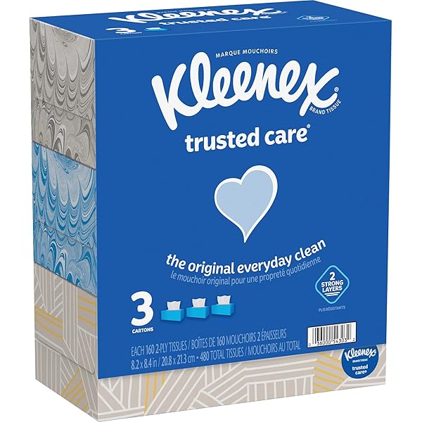 KLEENEX TRUSTED CARE 2-PLY TISSUES, 8-7/16″ X 8-1/2″, WHITE, 160 TISSUES PER BOX, PACK OF 3 BOXES