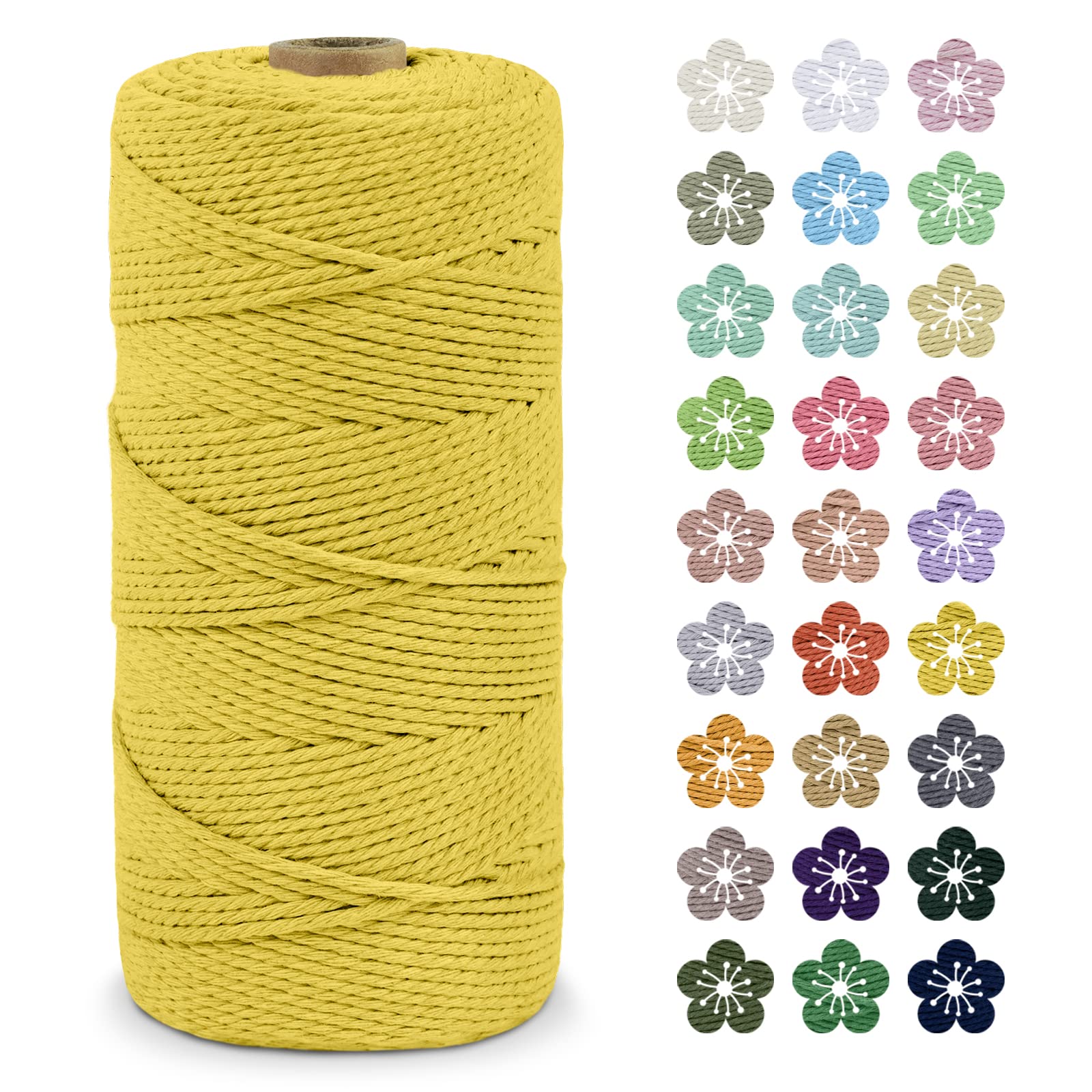 LEREATI Macrame Cord 2mm x 200m, Thick Macrame Rope Natural Cotton Rope Craft String, 3 Strand Twisted Cotton Cord Yarn for DIY Plant Hanger, Wall Hanging, Christmas Decoration (Lemon yellow)