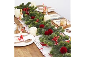 SY Super Bang 6FT Christmas Garland, Artificial Green Garland Christmas Decorations with Velvet Ball Red Berry Exquisite Ornaments, for Indoor Outdoor Home Table Fireplace Xmas Party Holiday Decor.