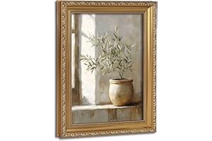 Vintage Gold Framed Wall Art Rustic Olive Branch Still Life Canvas Prints Farmhouse Neutral Potted Plant Paintings Prints for