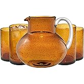 ARTLAND Iris 90oz Glass Pitcher & 17oz Highball Glasses (Set of 4) - Handcrafted Drinkware, Unique Bubble Design, Lead-Free Glass for Serving Beverages, Home Dining, Entertaining Essentials (Amber)