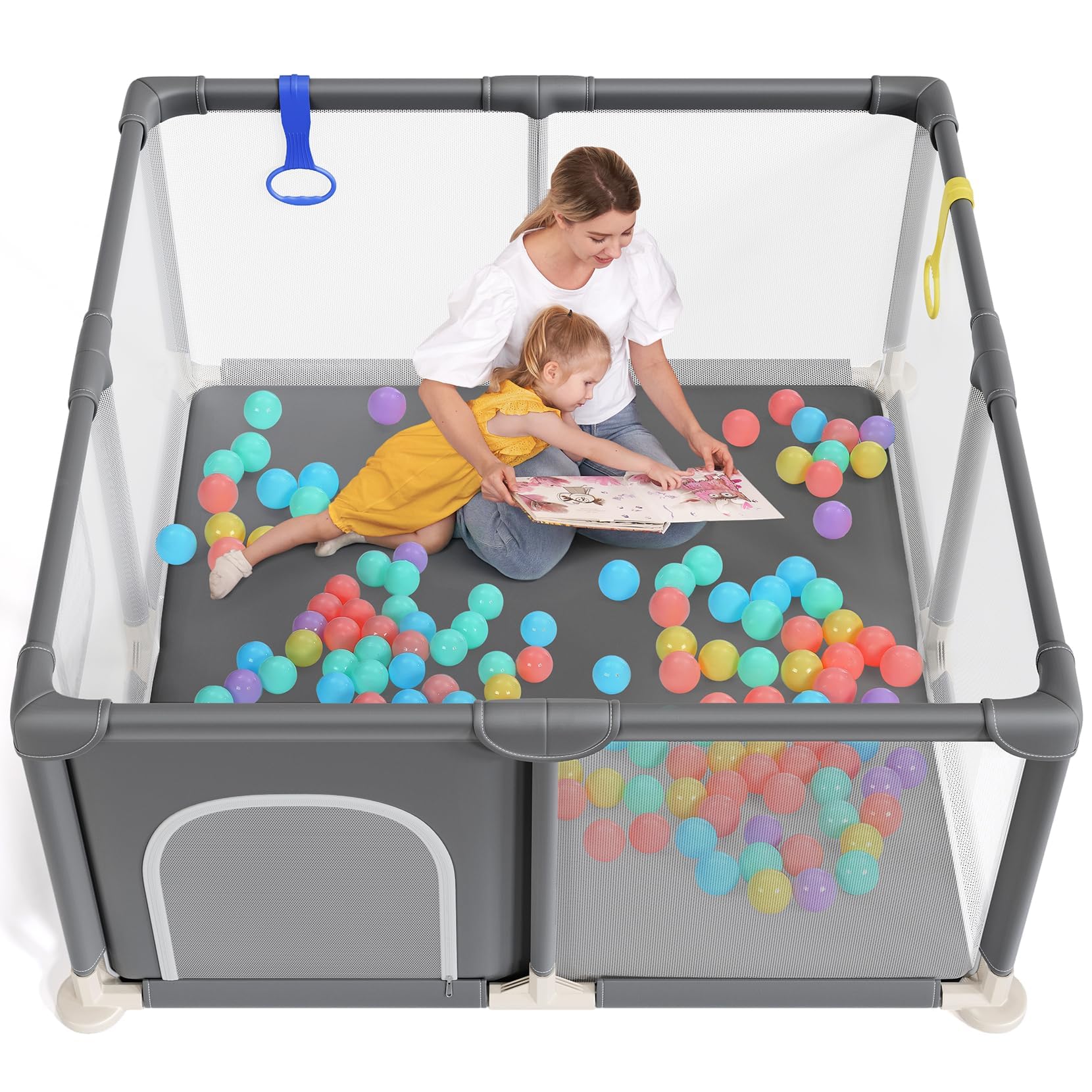 Photo 1 of Baby Playpen 47×47 Inch, Small Playpen for Babies and Toddlers Playards Indoor & Outdoor Safety Gate Floor Play Pen, Baby Play Area with Soft Breathable Visible Mesh, Anti-Fall, Grey