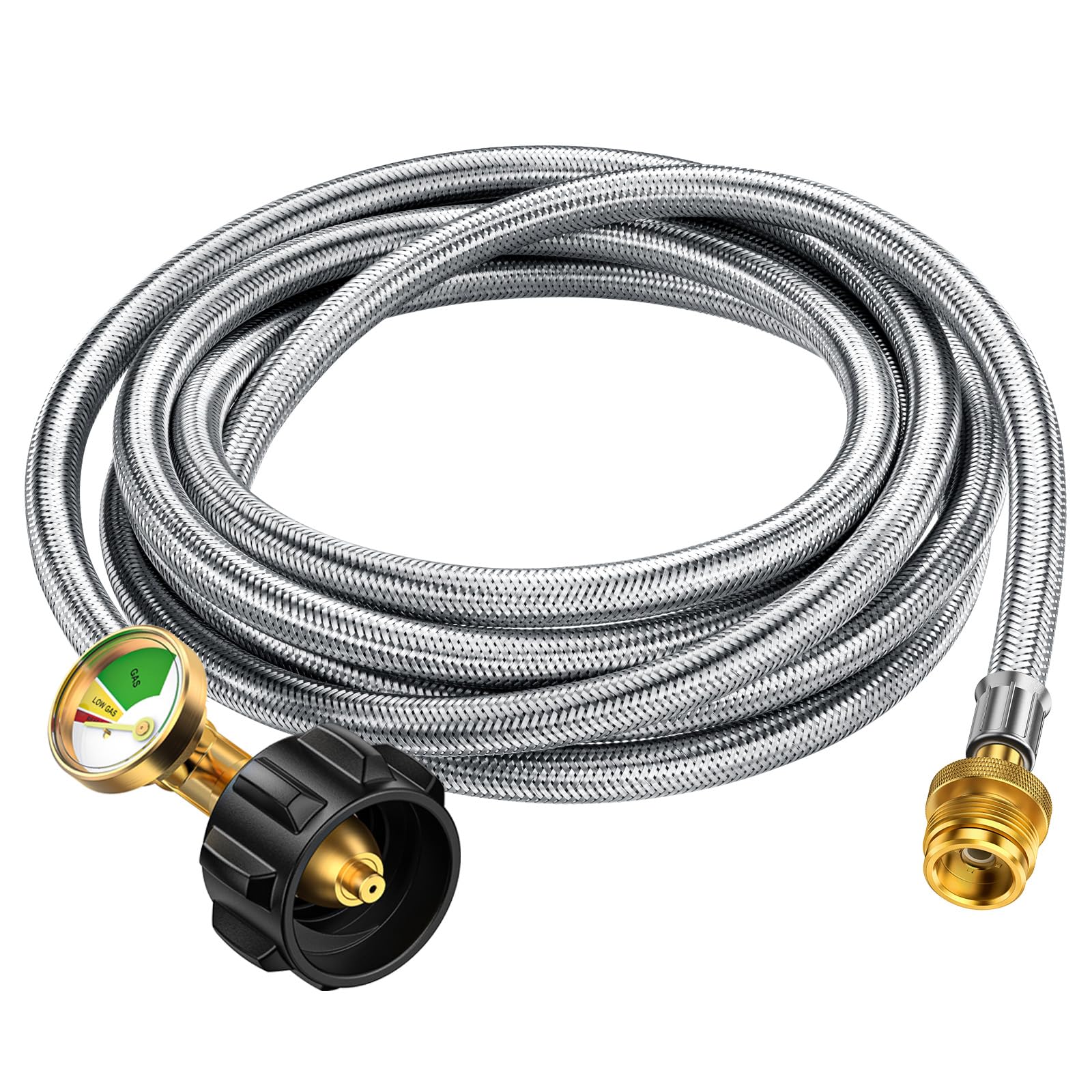 Photo 1 of 12FT Propane Hose Adapter 1lb to 20lb with Gauge, Anti-bite LP Tank Hose 20 lb to 1 lb, Grill Gas Line Fit for Weber Q Grills, Coleman Camping Stove, Blackstone 17"&22" Griddle, Mr Buddy Heater