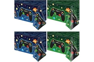 4 Pcs Video Game Tablecloth Green and Blue Video Birthday Tablecloth Decoration Rectangle Gamer Birthday Party Supplies 86” x