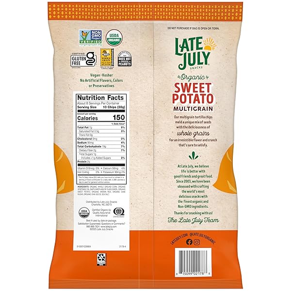 LATE JULY SNACKS, ORGANIC MULTIGRAIN SWEET POTATO TORTILLA CHIPS, 7.5-OZ. BAG