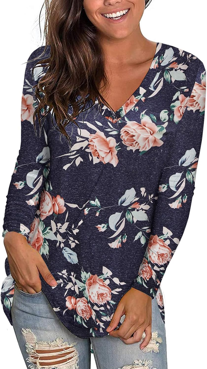 Kancystore Womens Long Sleeve V Neck Floral Print Casual Loose Tunic Tops Shirts Blouses at  Women’s Clothing store