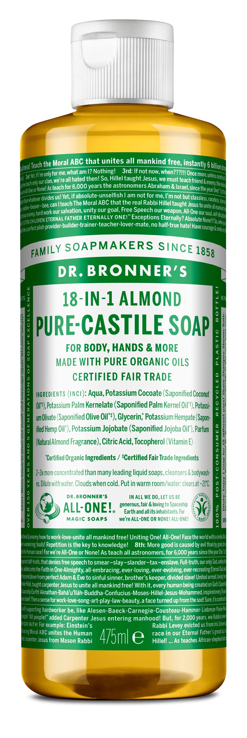 Dr. Bronner's - Pure Castile Liquid Soap Almond 475 ml, Black, 16 Ounce