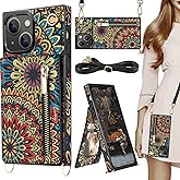 HOGGU Crossbody Case Compatible for iPhone 14 Plus Wallet Case with Card Holder, Floral Leather Phone Case Wallet with Strap, Kickstand, Zipper Purse, Protective Phone Case for Women-Mandala