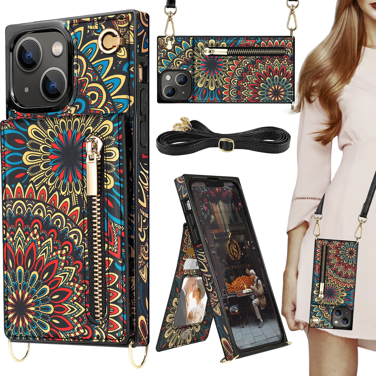 Photo 1 of HOGGU Crossbody Case Compatible for iPhone 14 Plus Wallet Case with Card Holder, Floral Leather Phone Case Wallet with Strap, Kickstand, Zipper Purse, Protective Phone Case for Women-Mandala