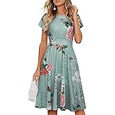 HOMEYEE Women's Short Sleeve Floral Casual Aline Midi Dress A102 (8, Light Green)