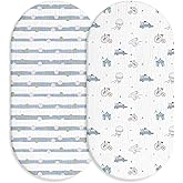 Muslin Bassinet Fitted Sheets, 2 Pack for Baby Boy and Girl, Soft Breathable Baby Pad/Mattress Sheet, Fit for Hourglass Oval and Rectangle Bassinet Mattress (Cute Cars)