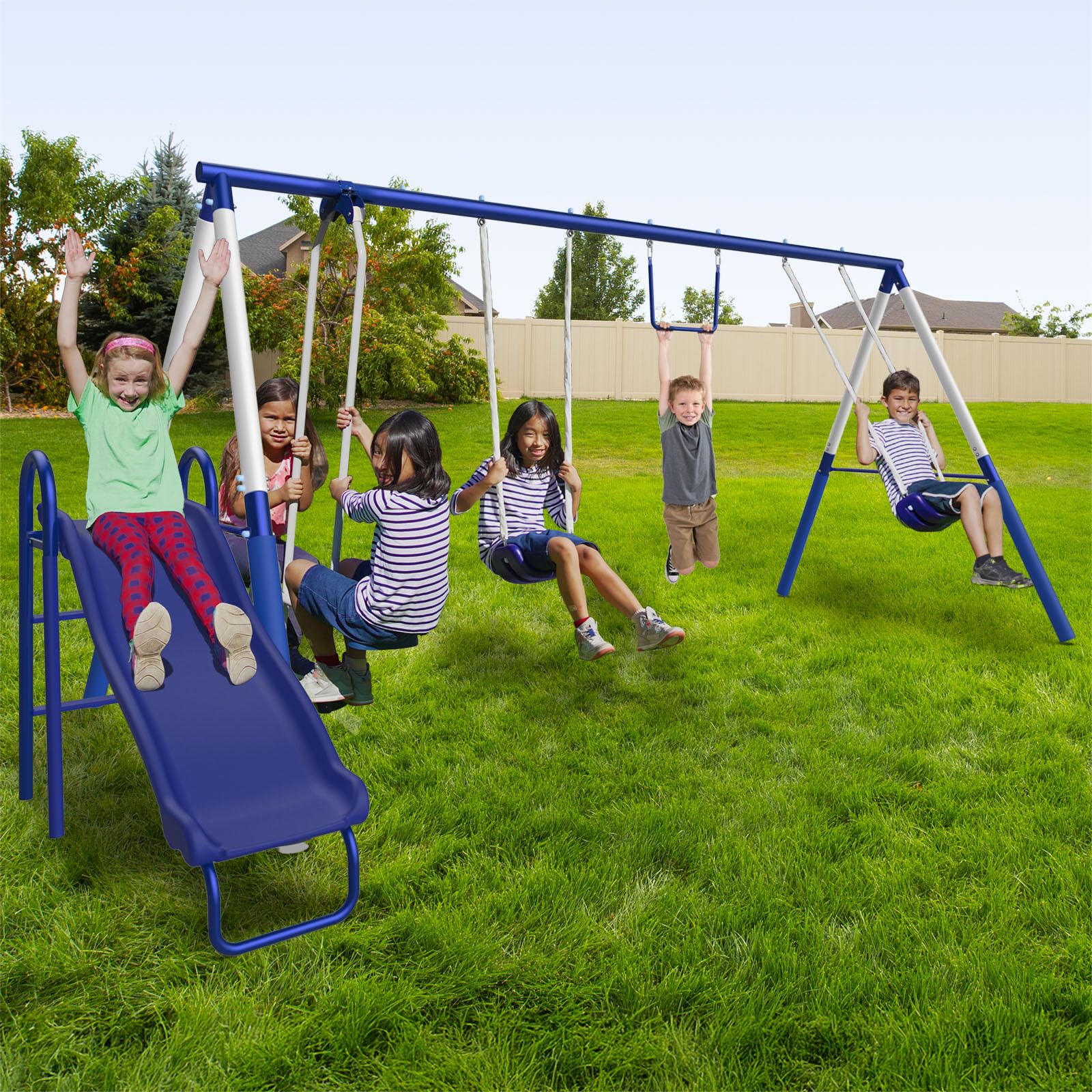 Sportspower Arcadia Metal Swing Set for Kids – Trapeze, 2-Person Glider, 5ft Slide, Anchor Kit, 6.1' Durable Steel Frame – Outdoor Backyard Playset with 600 lb Capacity