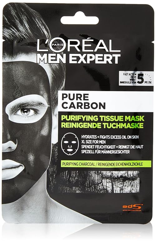 L'Oréal Men Expert Pure Charcoal 5 Minute Purifying Tissue Face Mask, Enriched For Purifying Charcoal & Hydrating Glycerine to Moisturise & Mattify the Skin, 30g
