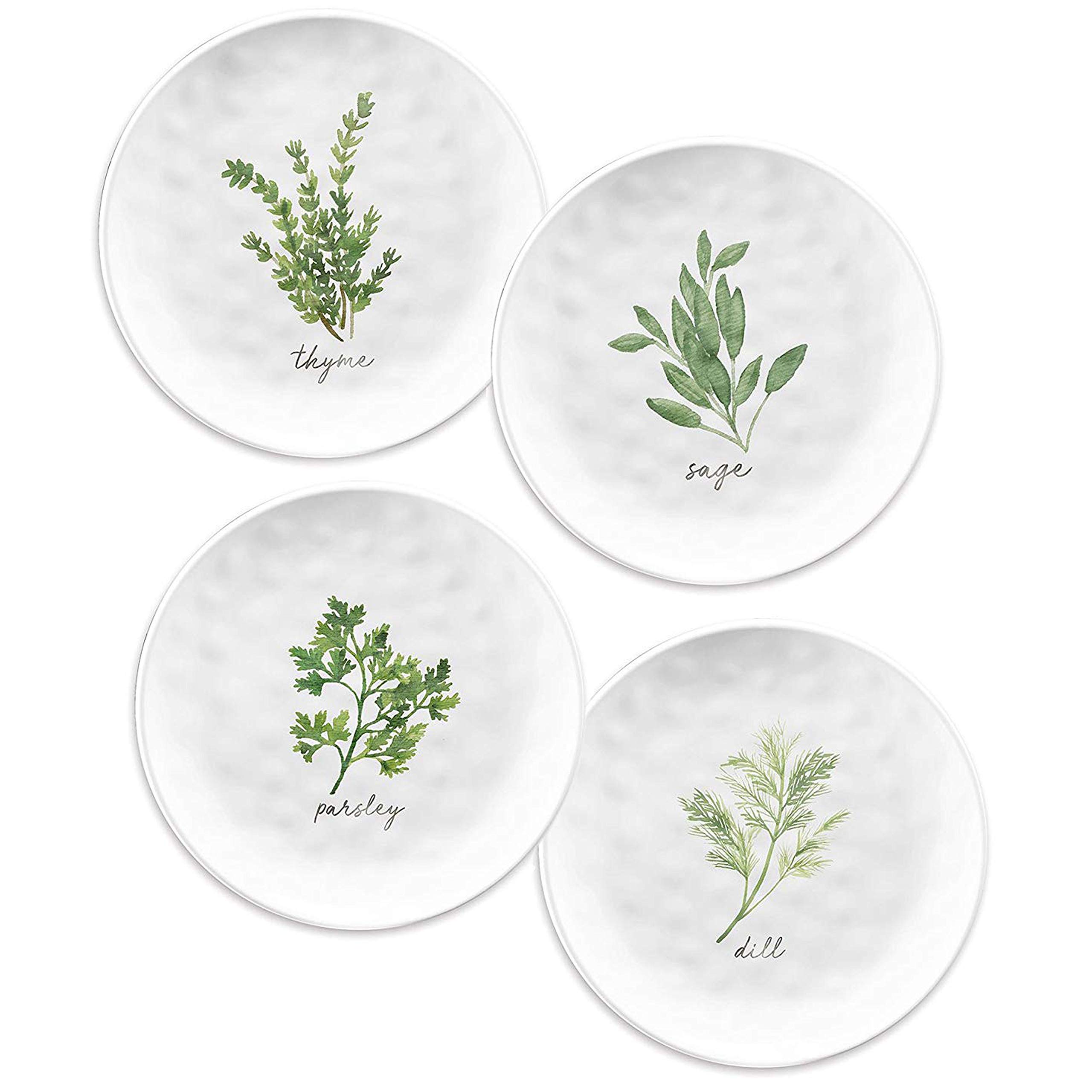 Garden Herbs Outdoor/BBQ/Picnic - Plastic/Melamine White & Green Side Plates Sets (4)