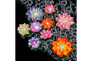HORTSUN 9 Pcs Diwali Lotus Decoration Floating Lights Lotus Artificial Floating Flowers for Pool with LED Lights Battery for Indian Puja ganesh diwali(3.94 Inch, 5.91 Inch,Bright Color, Colorful Light)