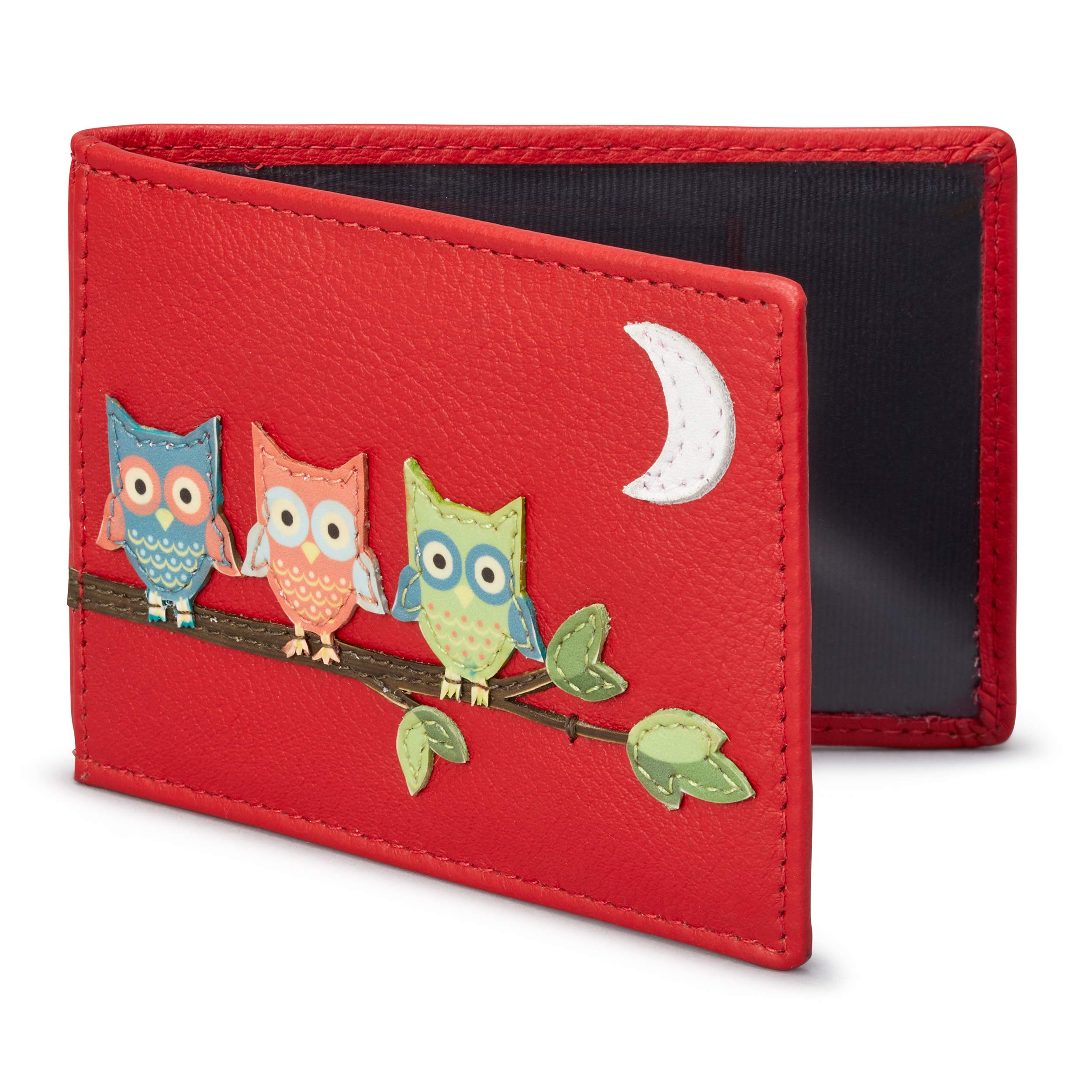 1642 Lichfield Owl Appliques Leather Card Holder, Coral red, Standard Size