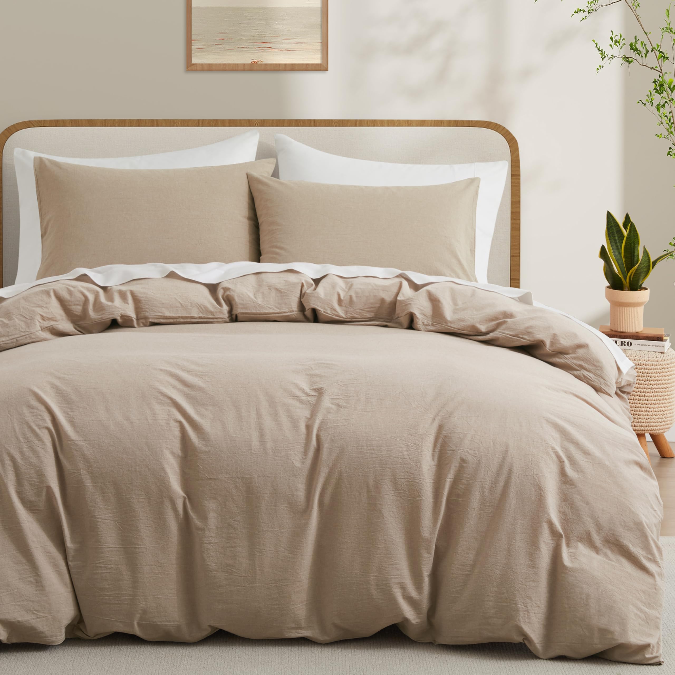 Photo 1 of 100% Washed Cotton Duvet Cover Set, Linen Like Natural Bedding Set with Zipper Closure (No Comforter), 104x98 Inches, Cal King, Linen Grey