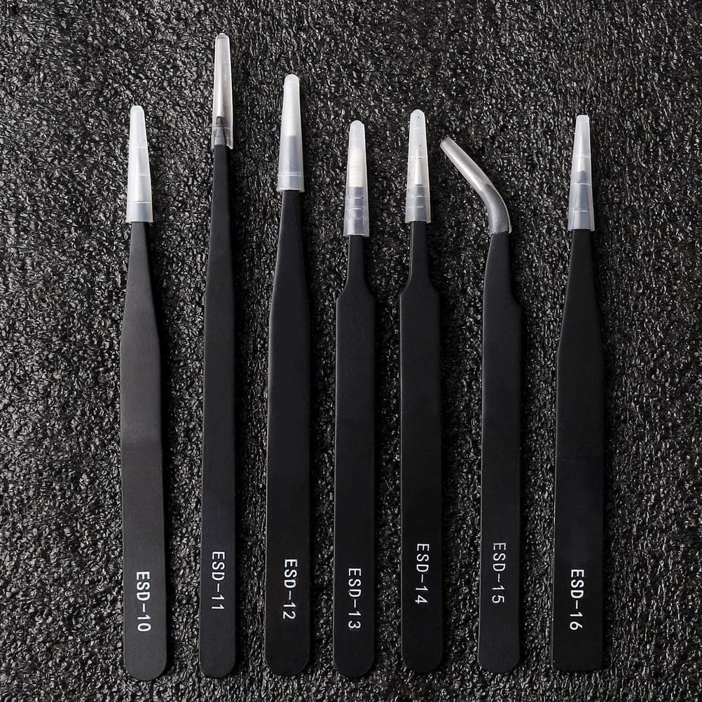 ZHIYE Precision ESD Anti-Static Tweezers, 7 pcs Stainless Steel Tweezers Set for Electronics Jewelry-Making, Laboratory Work - Image 4