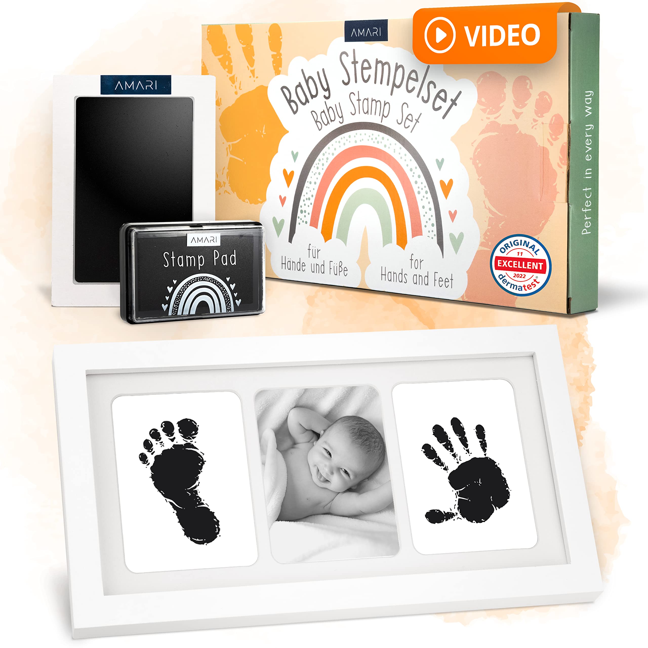 AMARI ® Baby Handprint and Footprint Set incl. 2 Ink Pads and 4 Print Cards - Ideal Newborn Gifts for Birth - Hand and Footprint kit with Picture Frame - Foot Print Gift for Babies