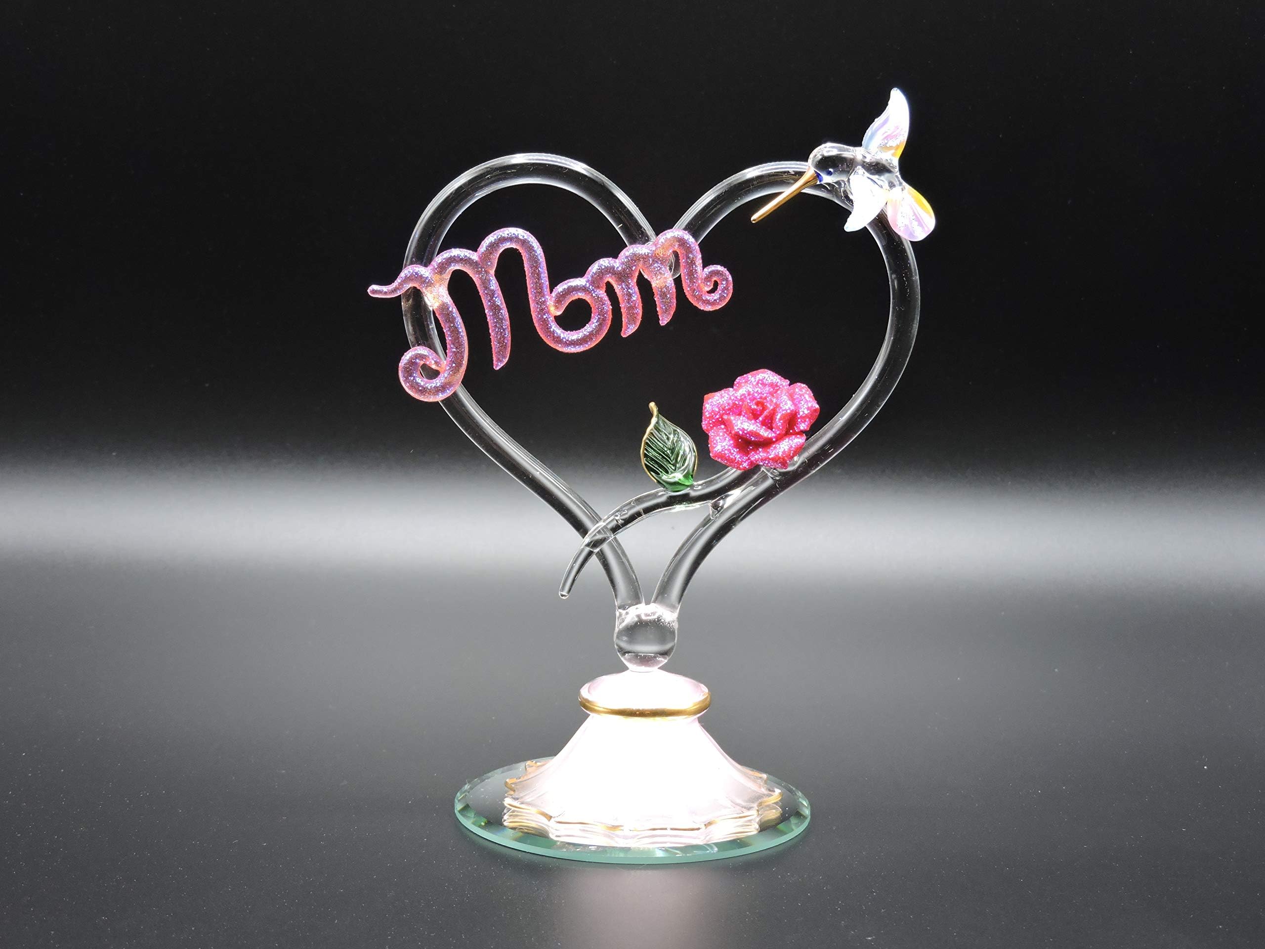 Handmade Blown Glass Heart and Hummingbird with Porcelain Red Rose - Heart and Roses for Mom
