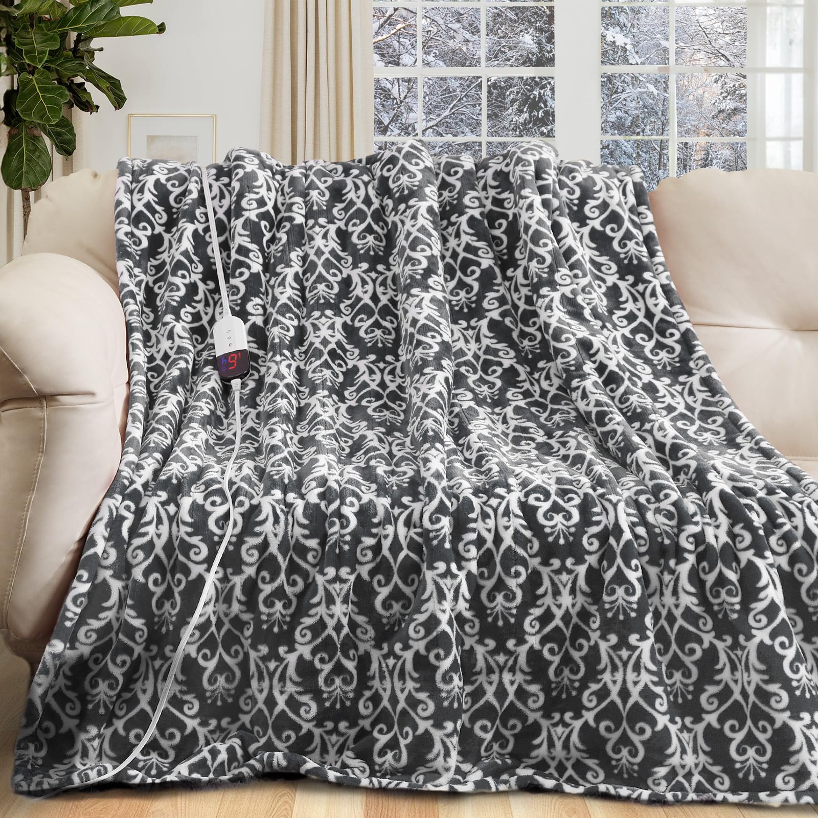 Photo 1 of MAXEVE Electric Blanket Heated Throw 50"x62" Floral Print Fast Heating Blanket, 6 Heat Levels 4-Hour Auto-Off, Machine Washable, FCC & ETL Certified (Grey)