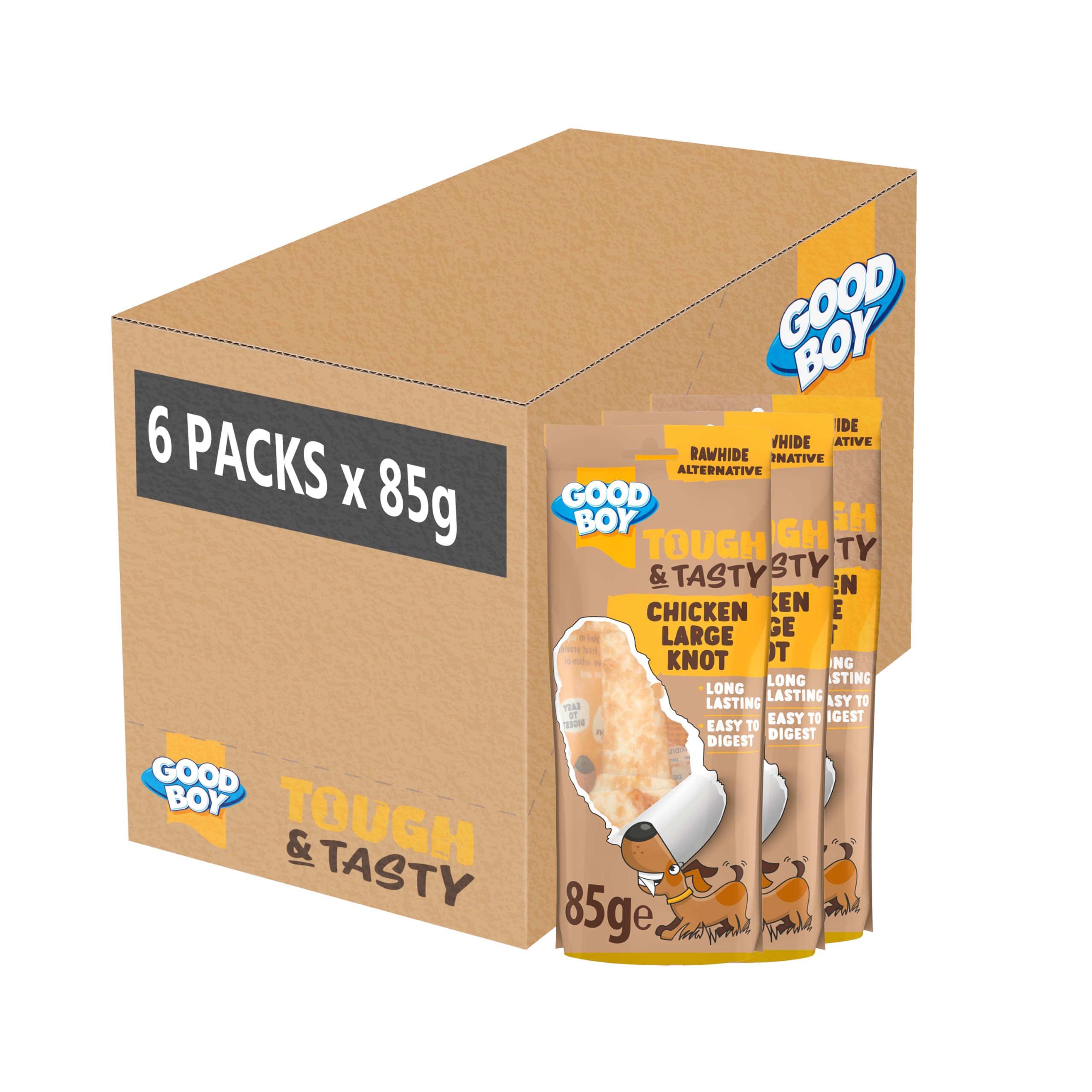 Good Boy Tough & Tasty Chicken Large Knots - Natural Dog Treats - Long-Lasting Rawhide Alternative - Bulk Box - 6 x 85g