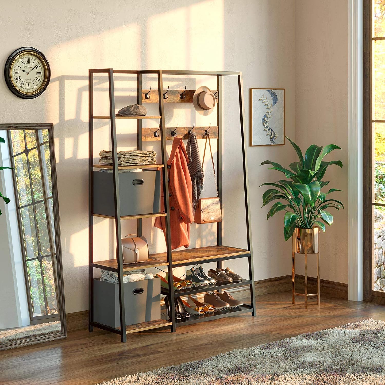 Rolanstar Hall Tree with Side Storage Shelves, Entryway Hall Tree with Shoe Bench and Coat Racks and 2 Foldable Cube Storage Bins,for Entryway, Bedroom, Sturdy and Easy Assembly: Home Improvement