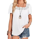 Falechay Womens Tops 2025 Boho Blouses Short Sleeve Flowy Square Neck Casual Peasant Summer Floral Lace Hem Textured Shirts