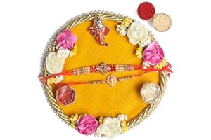 CRAFTSMAN Rakhi Puja Thali Set Platter For Brother Bhaiya Bhabhi with 2 Designer Rakhi Thread, Greeting Card, Roli Chawal & Ram Sita Sticker Indian Festive Decorative Raksha Bhandhan Pujan Plate Set