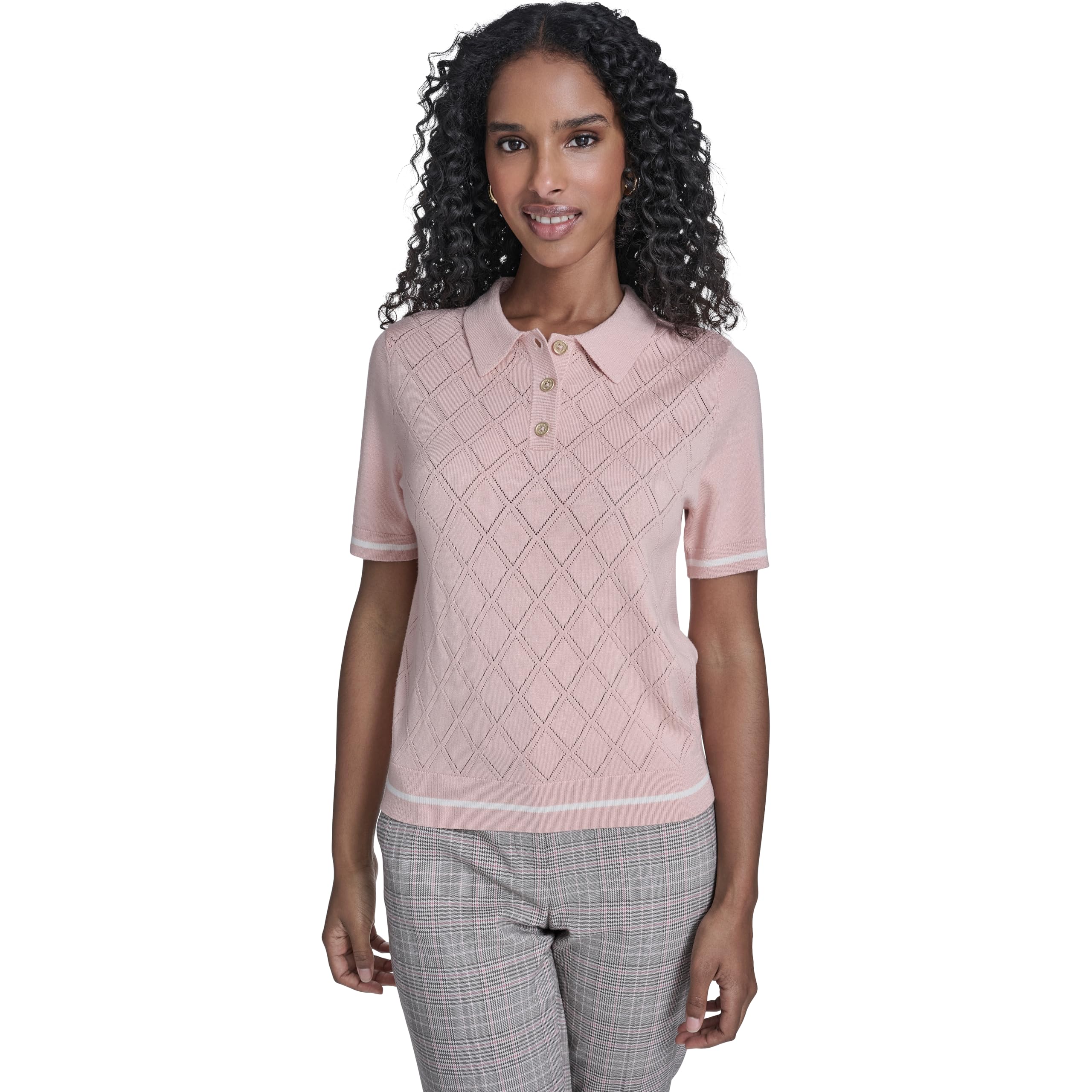 Tommy Hilfiger Women’s Short Sleeve Johnny Collar Polo Sweater, Evening Sand/Whitecap, Medium