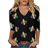 Women Funny Carnival Outfit 3/4 Sleeve Tshirts New Orleans Party V Neck Tee Tops Festival Costumes