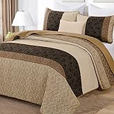 Boho Queen Quilt Set,Striped Plaid Bedspread Coverlet Set,Light Brown Bedding Set Soft Microfiber Bedding Set with 2 Pillow Shams 96"x90"