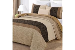 COTTOLESTER Boho Queen Quilt Set,Striped Plaid Bedspread Coverlet Set,Light Brown Bedding Set Soft Microfiber Bedding Set with 2 Pillow Shams 96"x90"