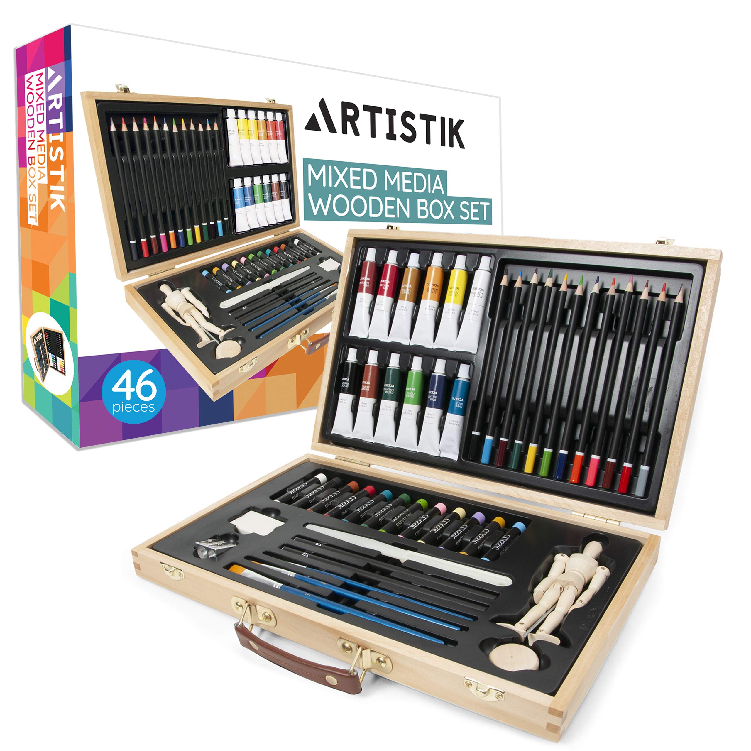 ARTISTIK Art Set with Wooden Storage Case - 46 Piece Artist Supplies Set with Mannequin, Acrylic Paints, Oil Pastels, Coloured Pencils & More for Drawing, Sketching, Painting for Beginners & Artists