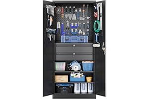 Yizosh Metal Garage Storage Cabinet with Locking Doors and 2 Drawers, Heavy Duty Steel Tool Cabinet with Pegboard, 71" - Lockable Cabinets for Garage, Warehouse, Basement (Black)