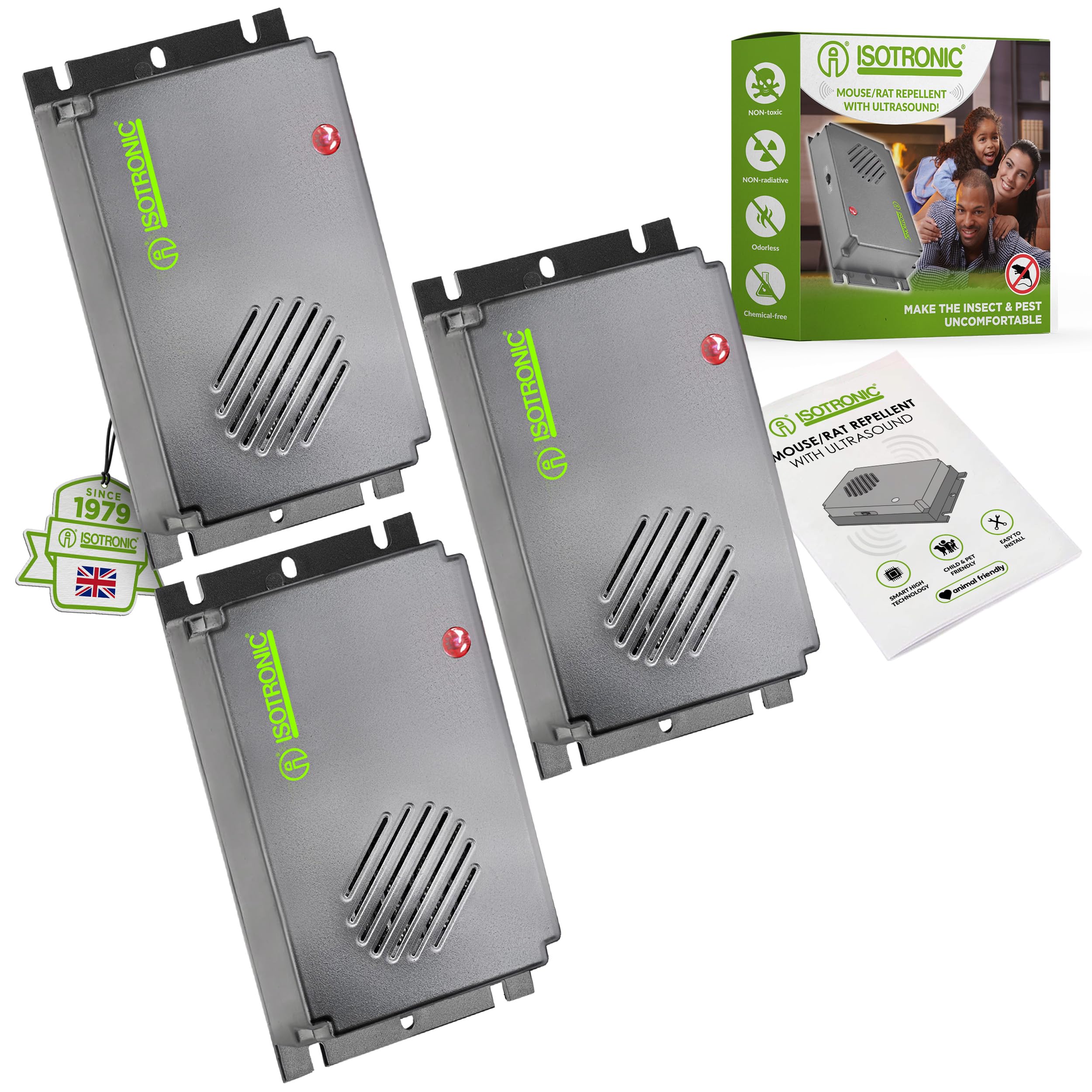 ISOTRONIC Mice Repeller, 3 pieces deterrent to protect you house, garden and car, scarer for mouse, rat, rodents