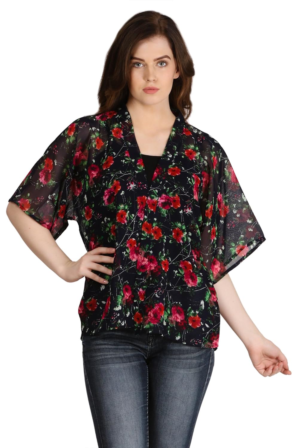 modish vogue women's flower printed black red shrug